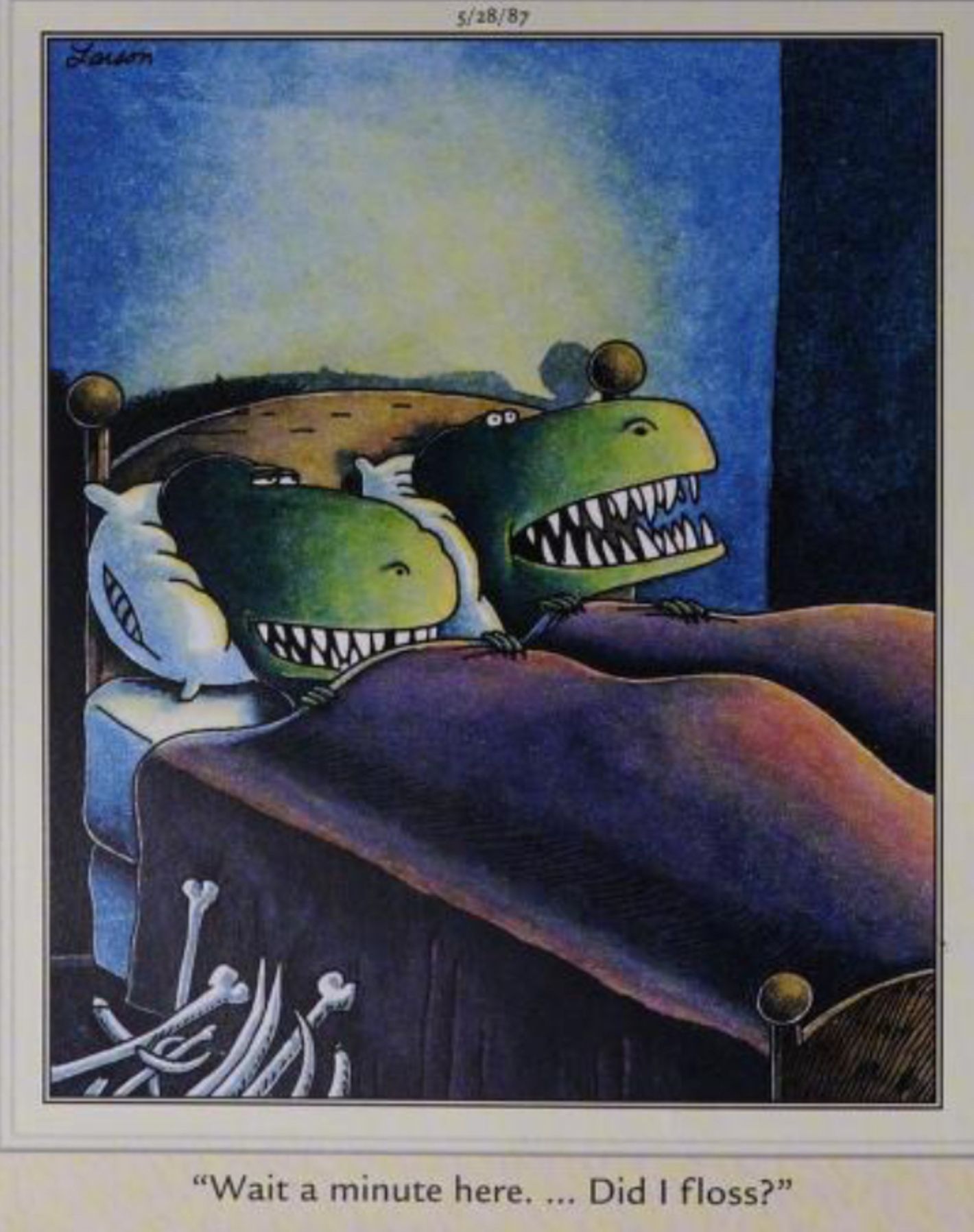 Far Side, maggio 28, 1987, dinosauro si sistema a letto chiedendosi se abbia usato il filo interdentale