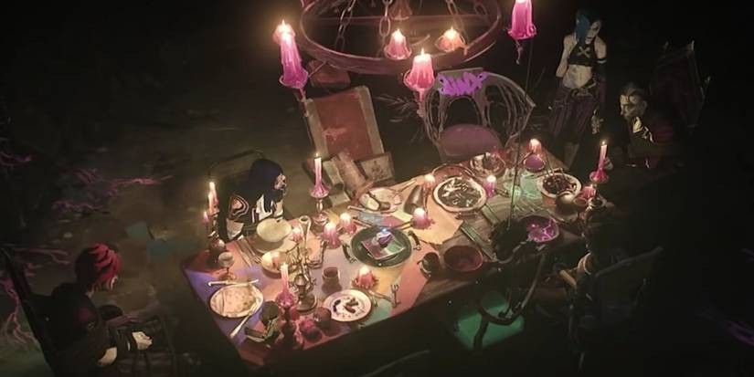 Jinx, Silco, Caitlyn e VI sentados em um momento no final da 1ª temporada de Arcane