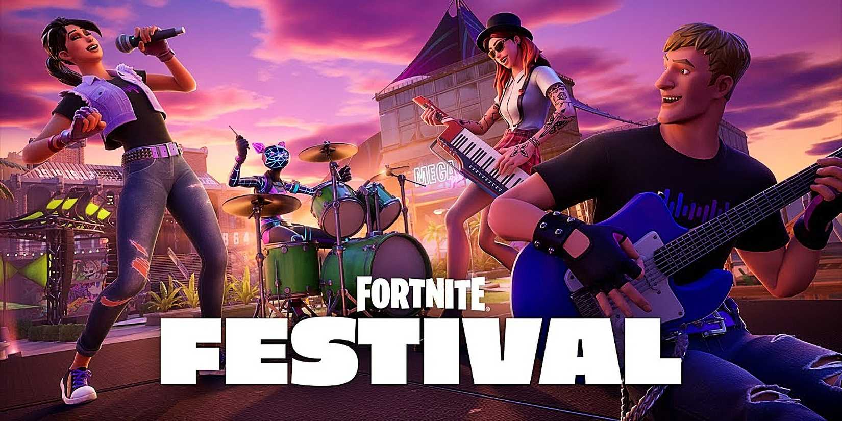 Characters in vibrant outfits perform energetically at a Fortnite festival, with one singing, another with a keyboard, a drummer, and a guitarist, under dramatic sky.