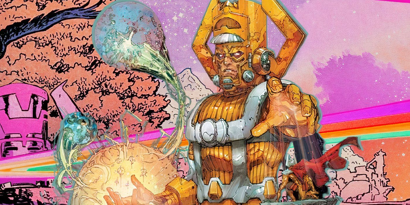 Galactus in a golden armor surrounded by trees, mountains, and a rainbow.
