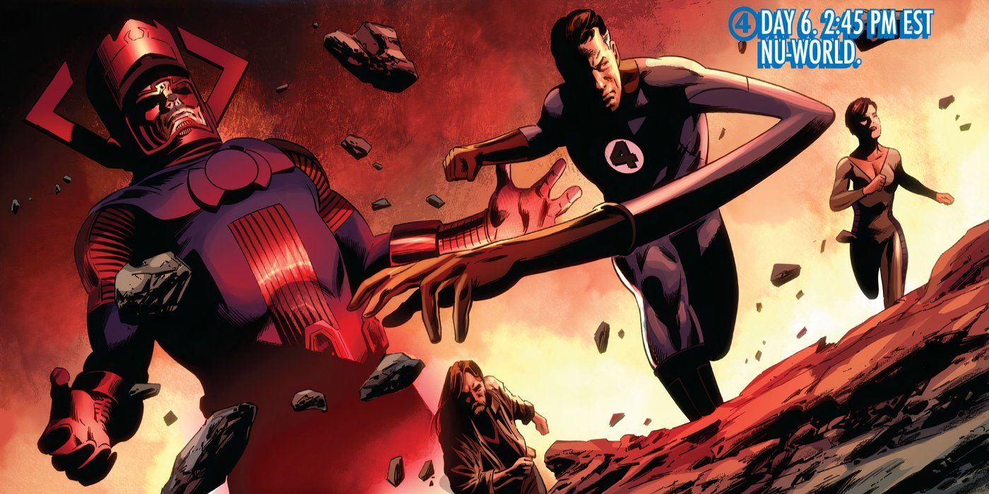 Fantastic Four's Reed Richards running away from Galactus.