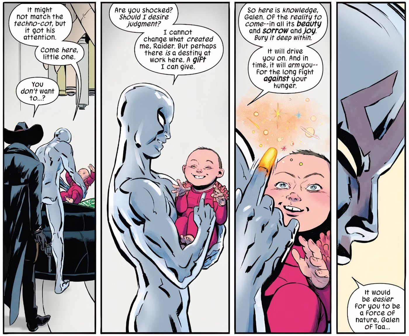 Silver Surfer holding a baby Galactus.