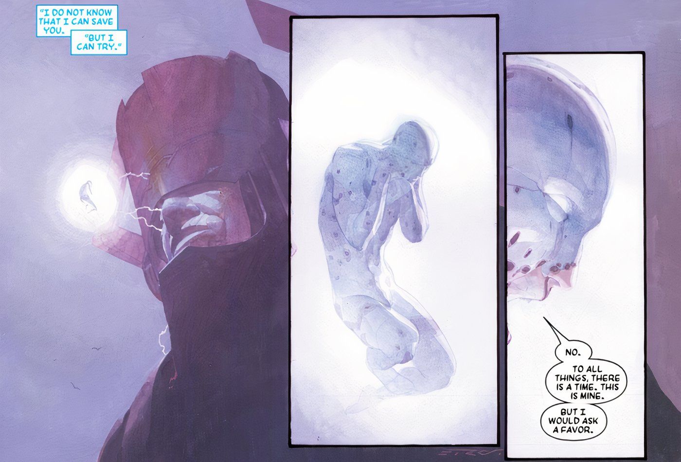 Galactus trying to save a dying Silver Surfer.