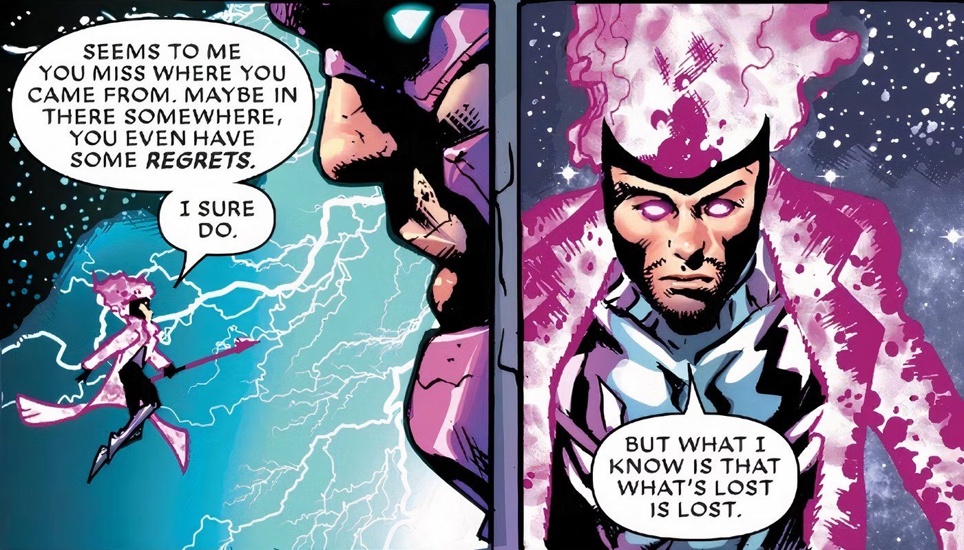 Gambit talking to Galactus in space surrounded by lightning and energy. 
