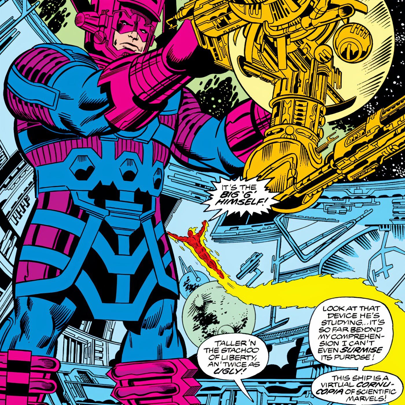 Galactus running complex experiments on his ship in Marvel Comics.