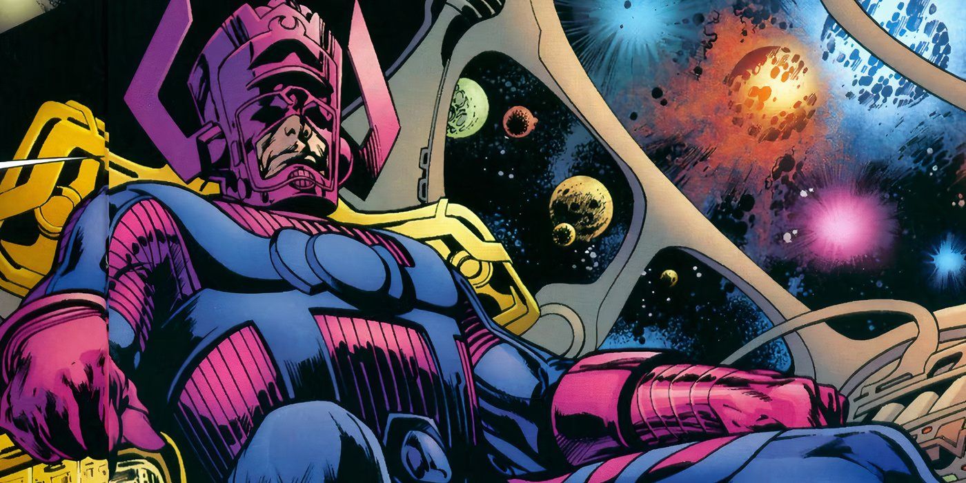 Galactus sitting in his ship with planets and stars out the window behind him.
