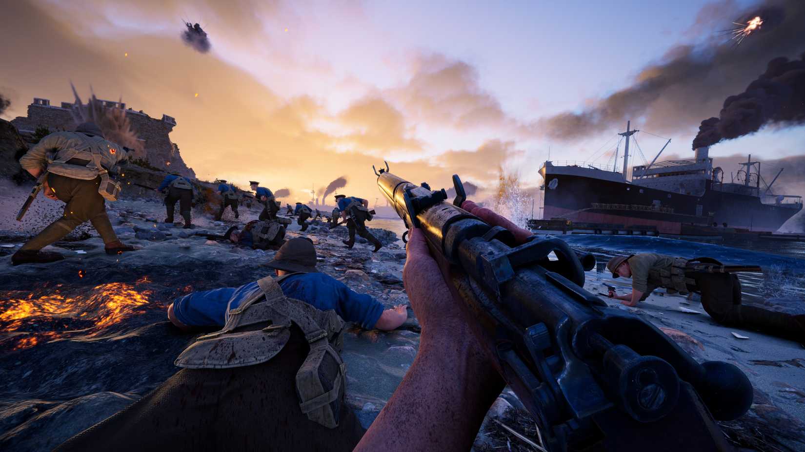 First-person screenshot of Gallipoli, showing Entente troops pinned down on a beach.