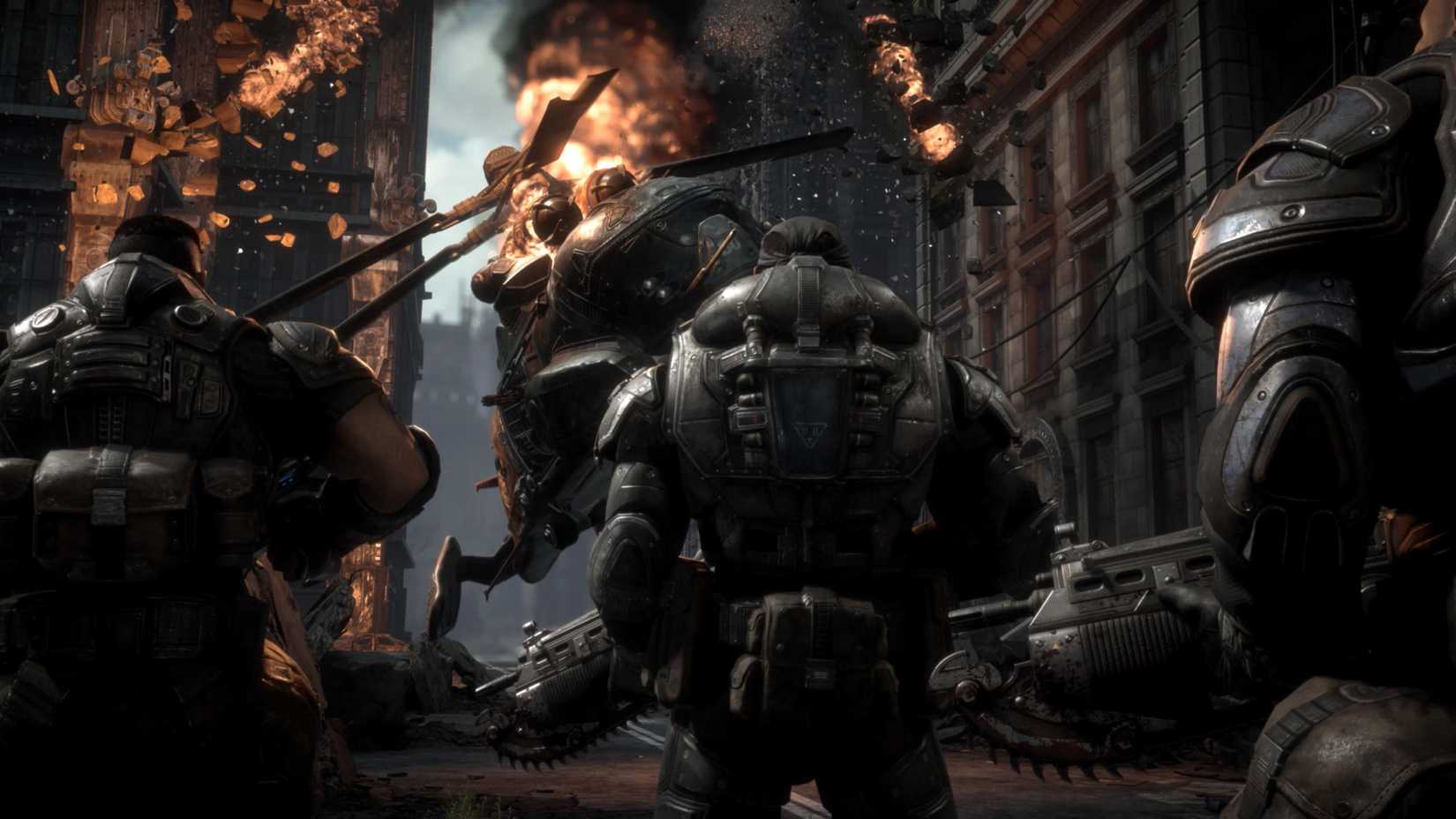Delta Squad in Gears of War: Reloaded watching a crashing helicopter.