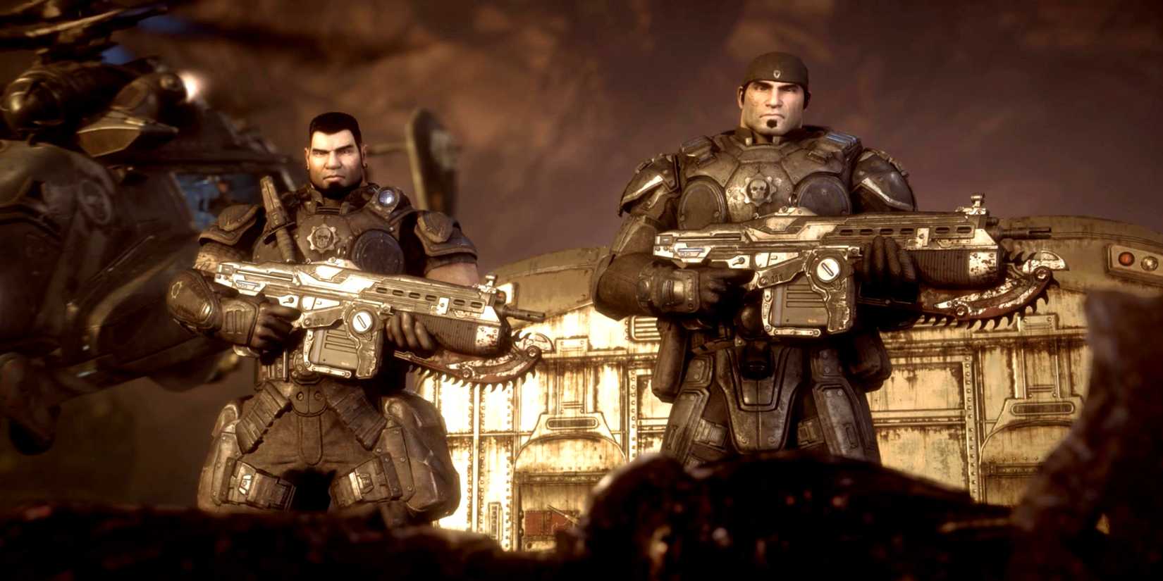Gears of War Reloaded Marcus and Dom holding Lancers.
