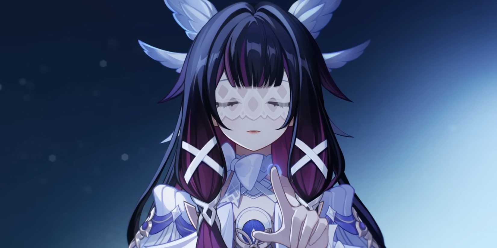 Columbina, de Genshin Impact, está com os olhos fechados enquanto ela aponta para a frente.