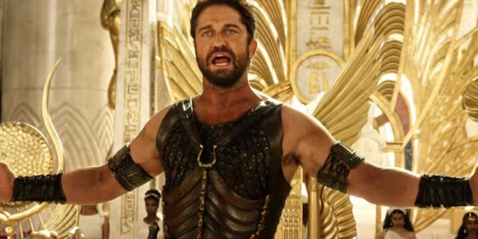 Gerald Butler as Set spreading his arms wide in Gods of Egypt