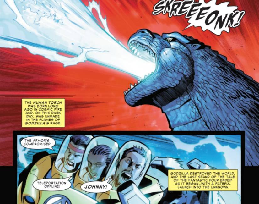 Godzilla obliterates the human torch as the rest of the Fantastic Four look on helplessly