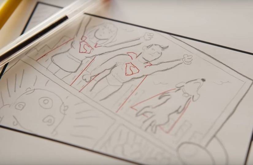 Superman behind-the-scenes video storyboards showing the Super family and presumably Brainiac