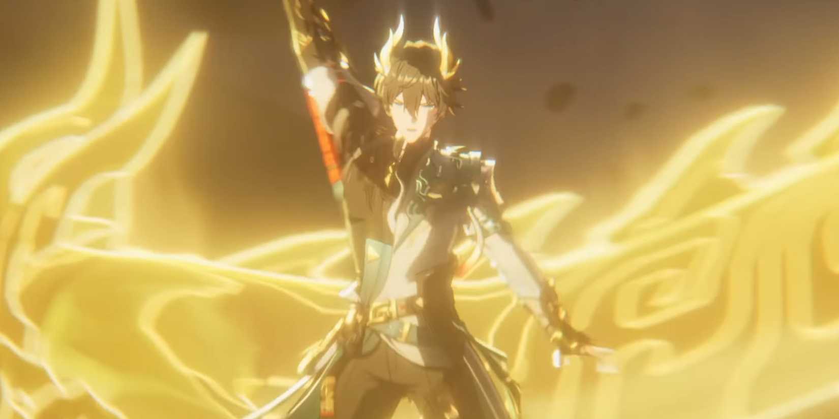 Honkai Star Rail's Dan Heng Permansor Terrae lifts his spear as a dragon encircles him.