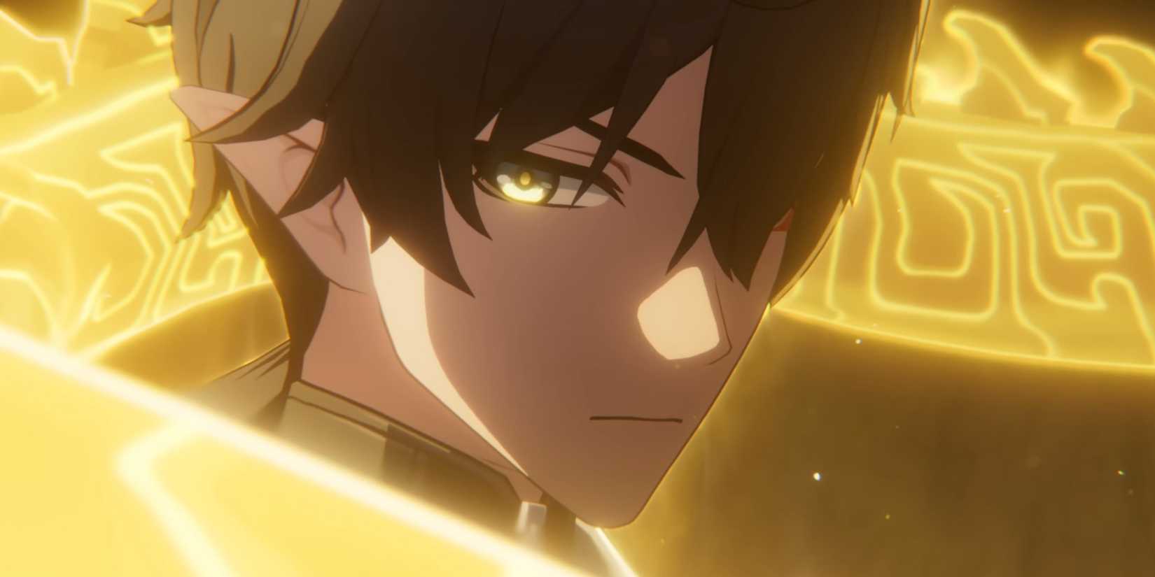 Honkai Star Rail's Dan Heng Permansor Terrae looks toward the viewer, surrounded by a yellow serpent.