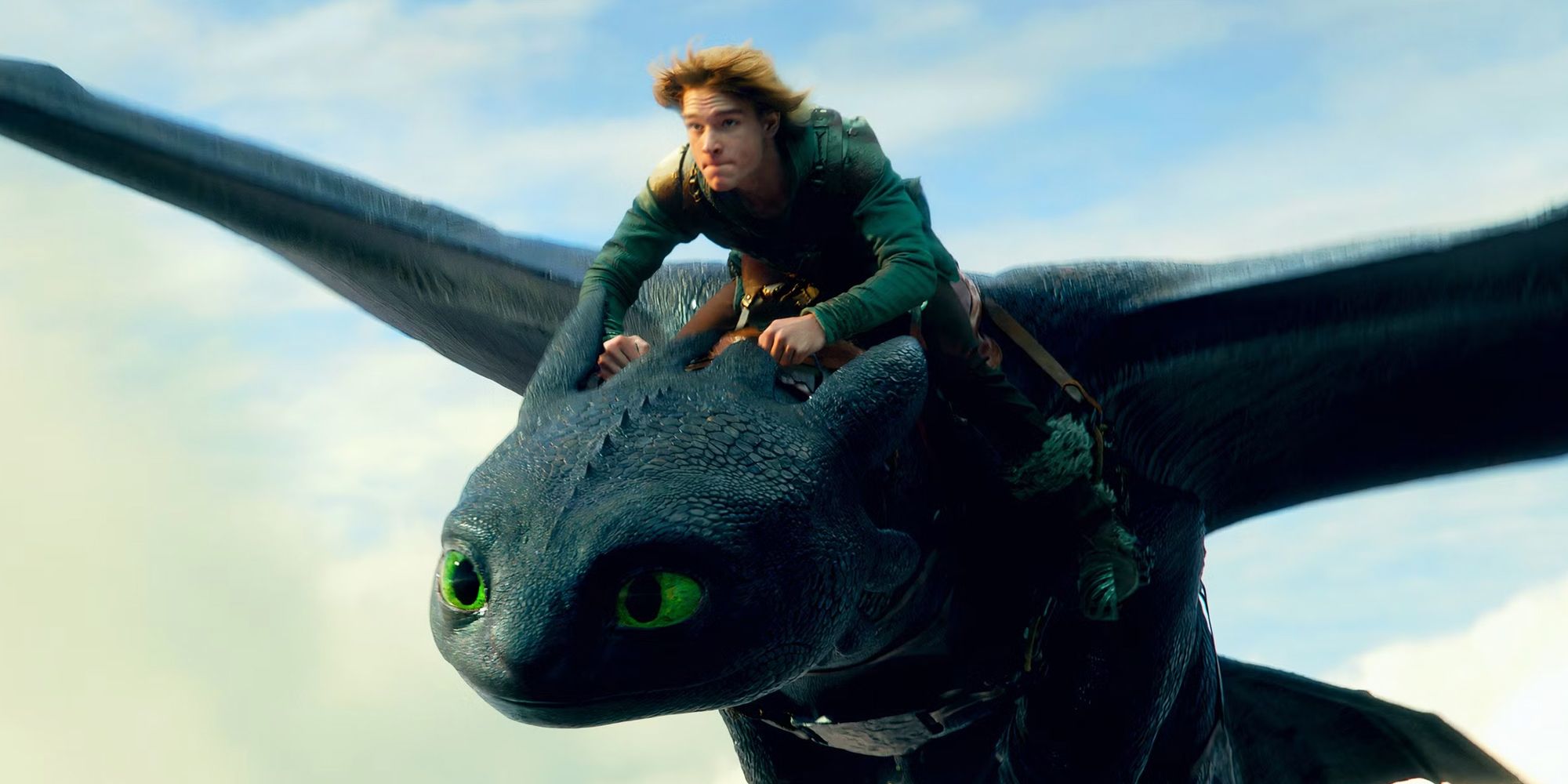 Hiccup flying on Toothless in How to Train Your Dragon.