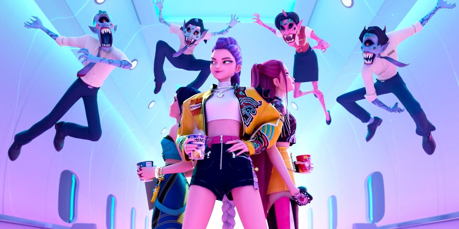 Huntrx standing back to back as demons leap toward them in KPop Demon Hunters