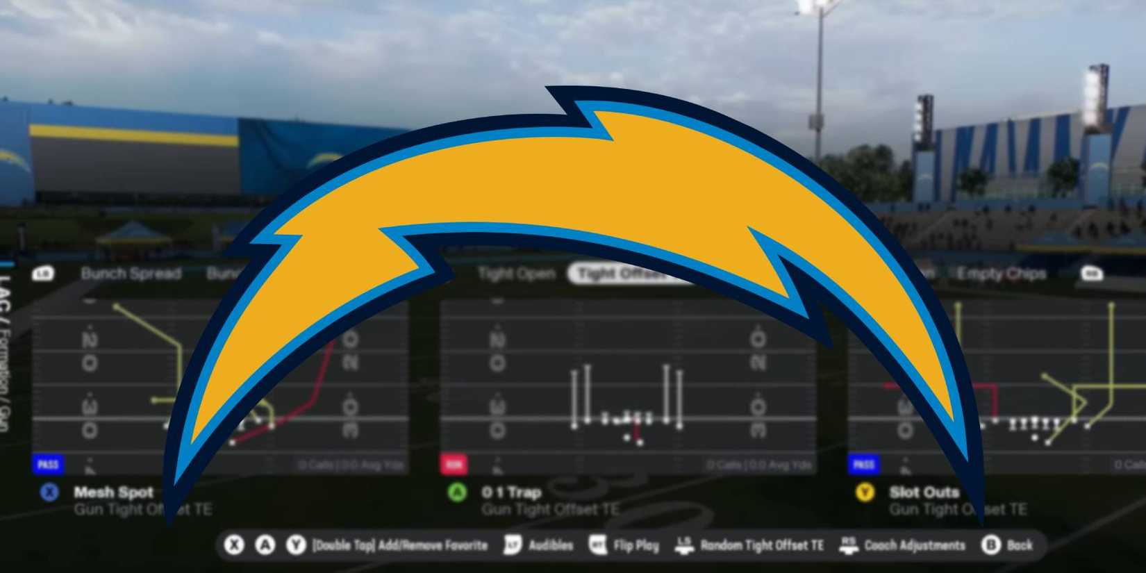 Madden 26 Los Angeles Chargers logo ao lado de peças do manual ofensivo da equipe