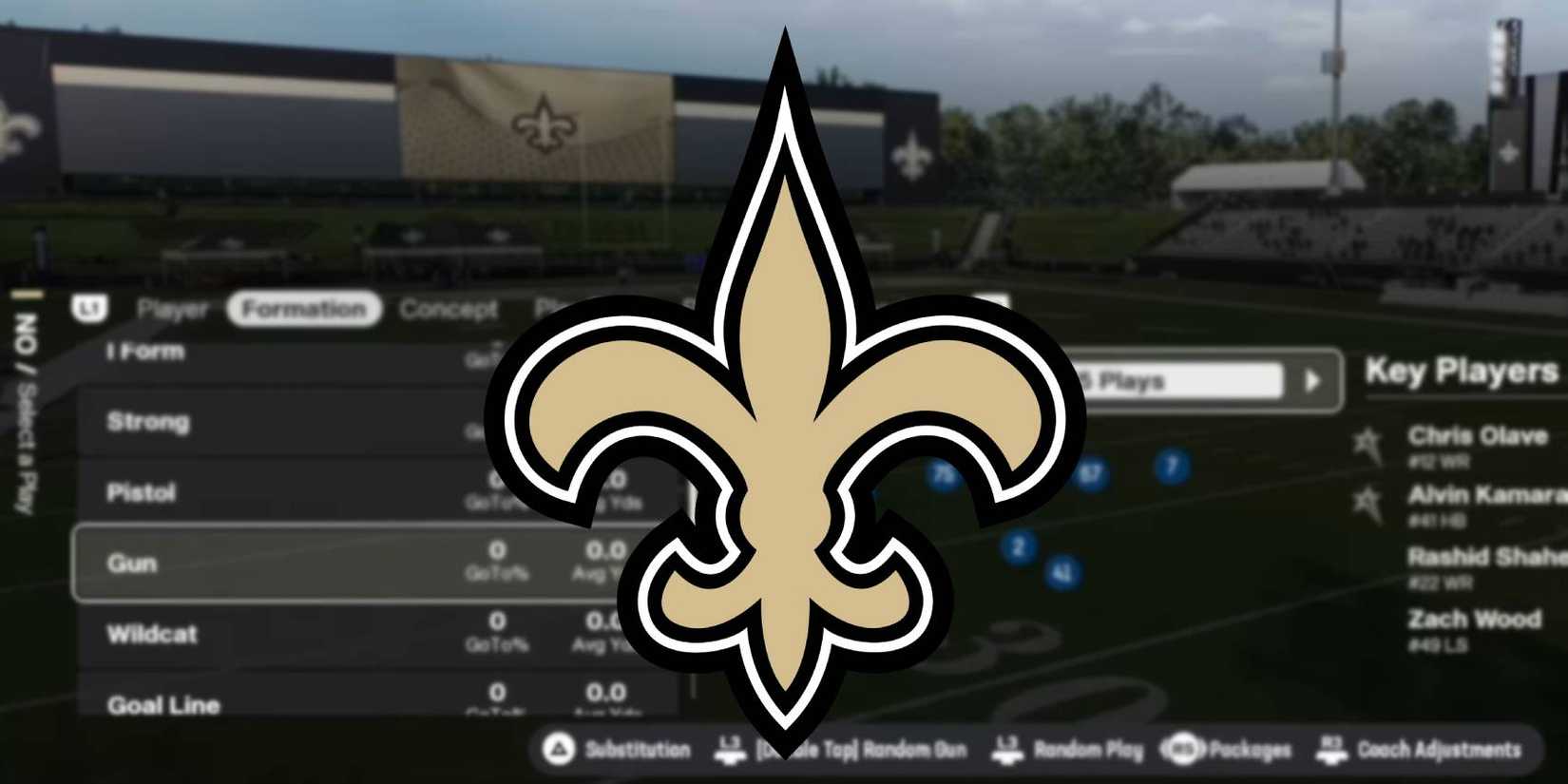 Madden NFL 26 Logotipo de New Orleans Saints com jogo de manual ofensivo em segundo plano