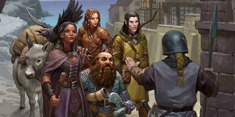 Dungeons and Dragons party of characters encountering a guard