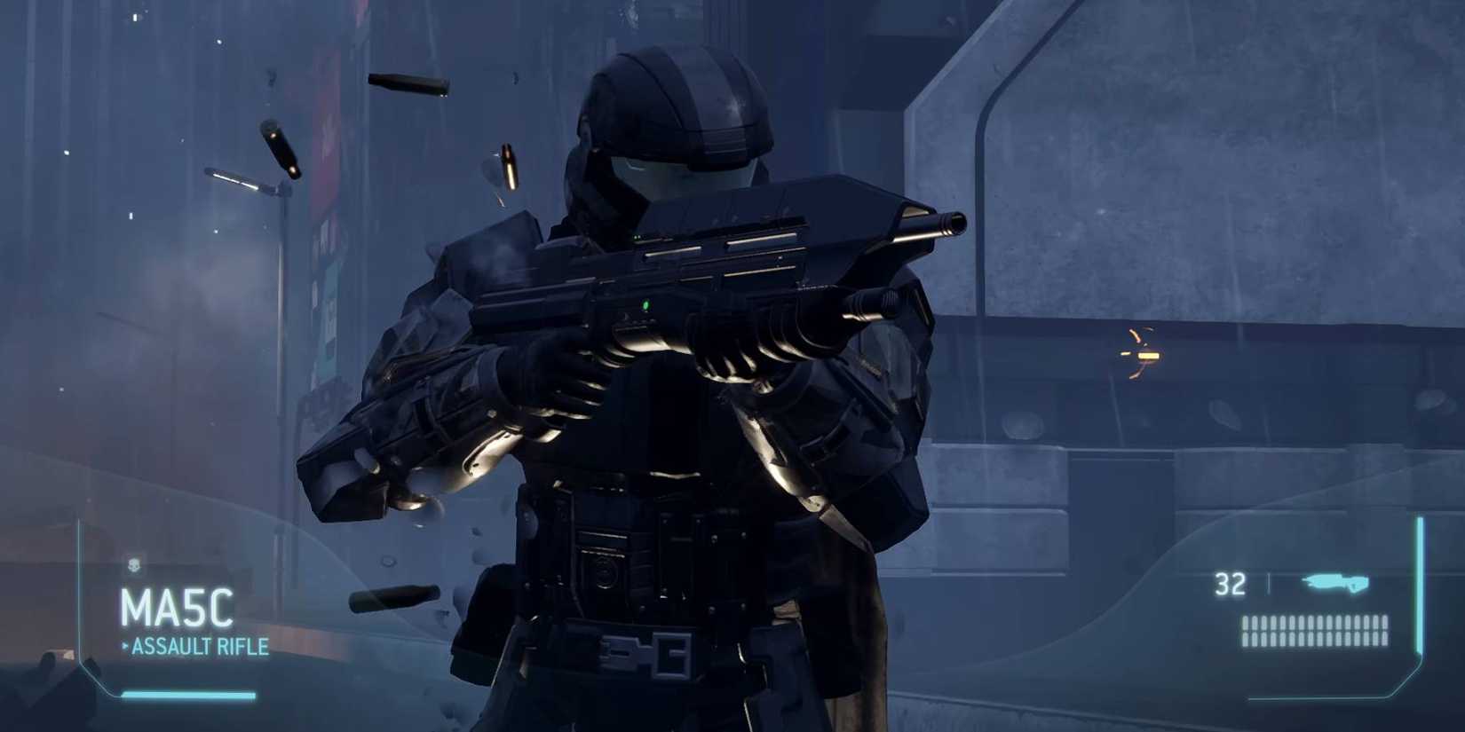 Helldivers 2 Character using the Halo MA5C assault rifle: Odst