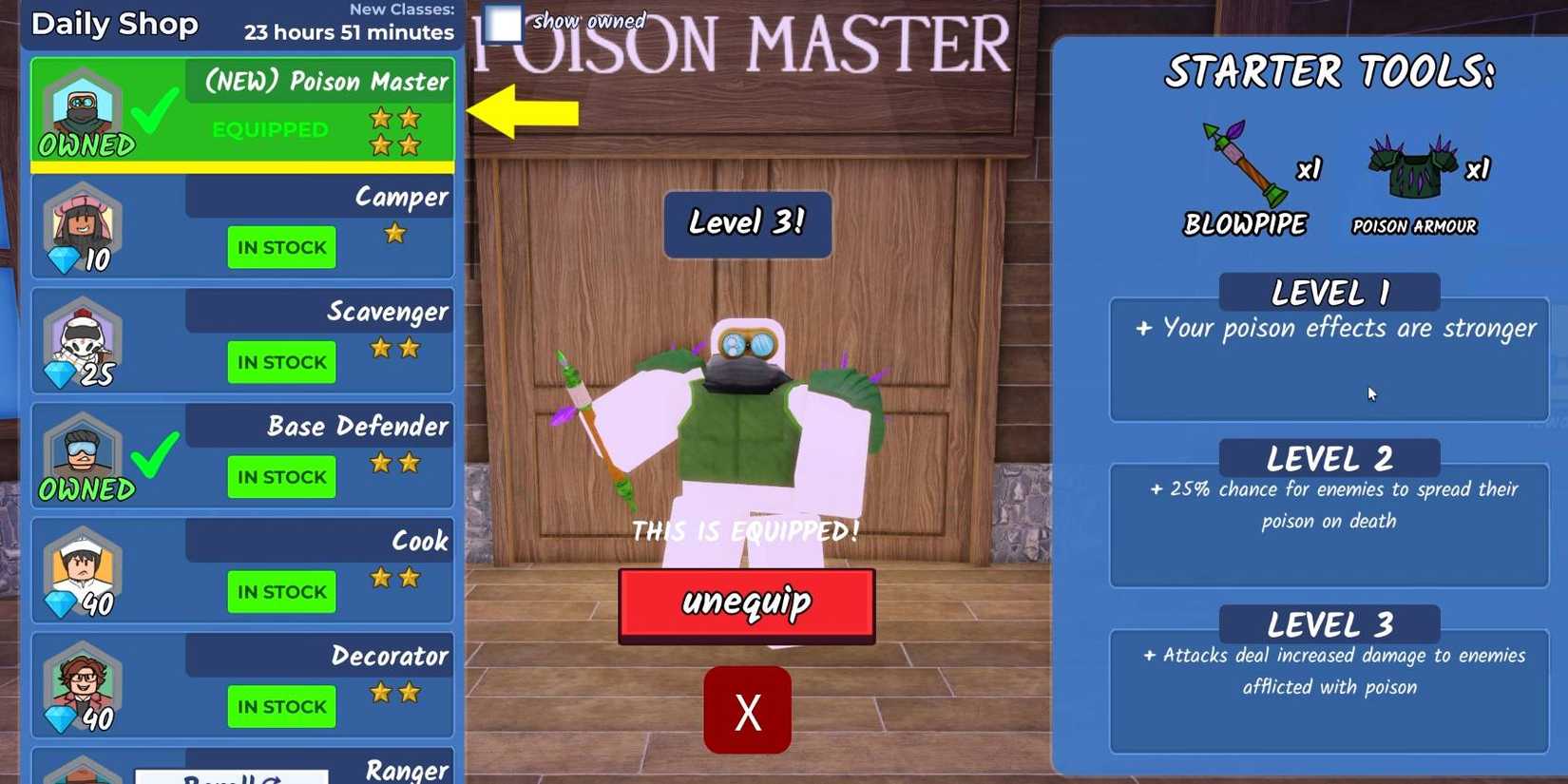 Roblox Poison Master class unlocked in 99 Nights of the Forest game