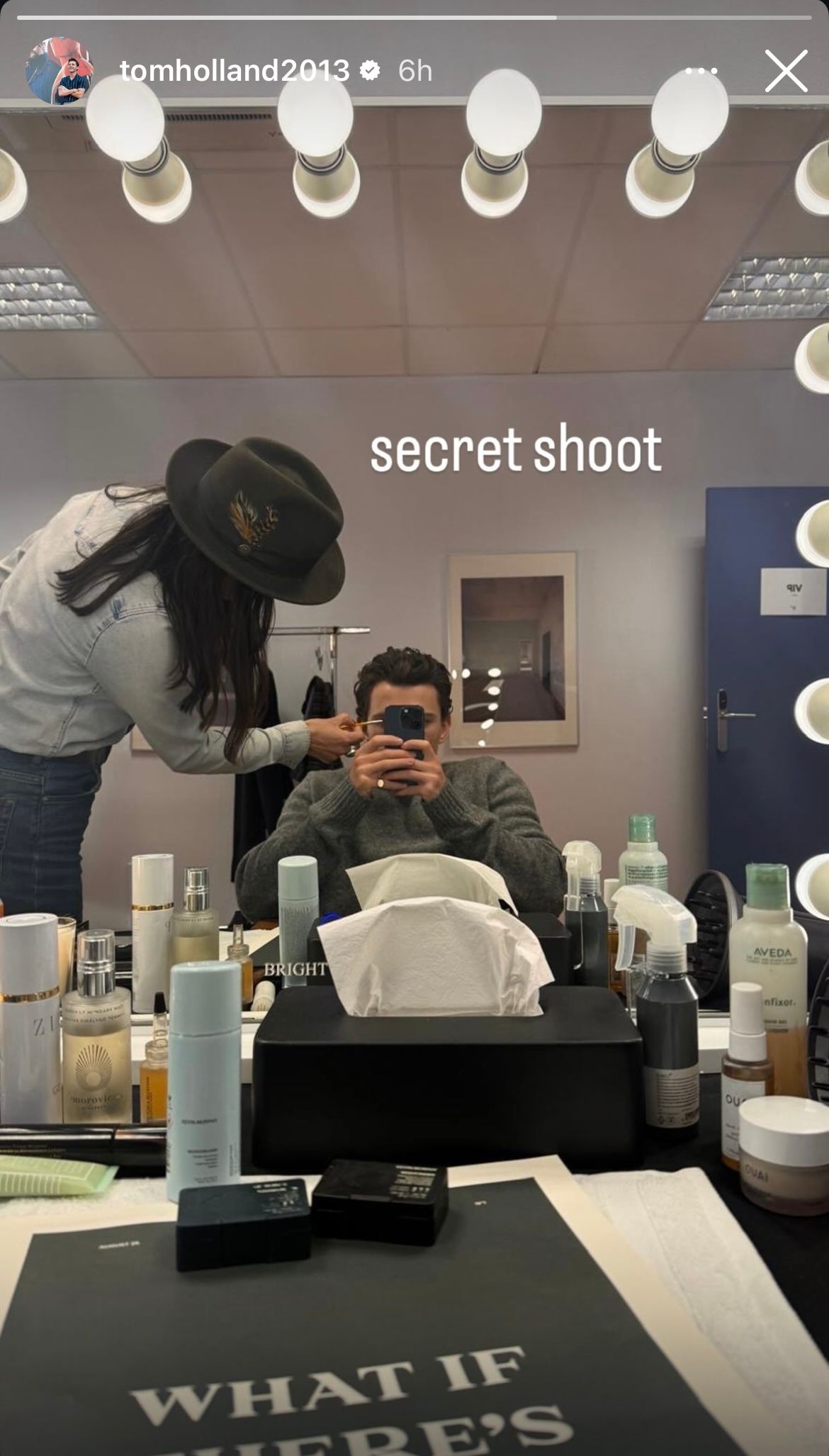 Tom Holland posts a mirror selfie with "Secret Shoot" to Instagram