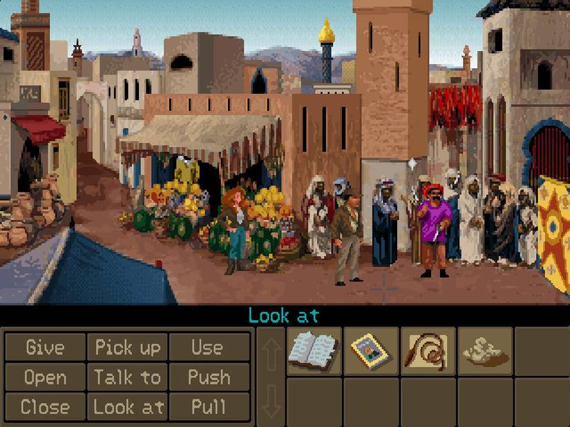 Indiana Jones and the fate of atlantis screenshot of indiana and sophia in a desert town