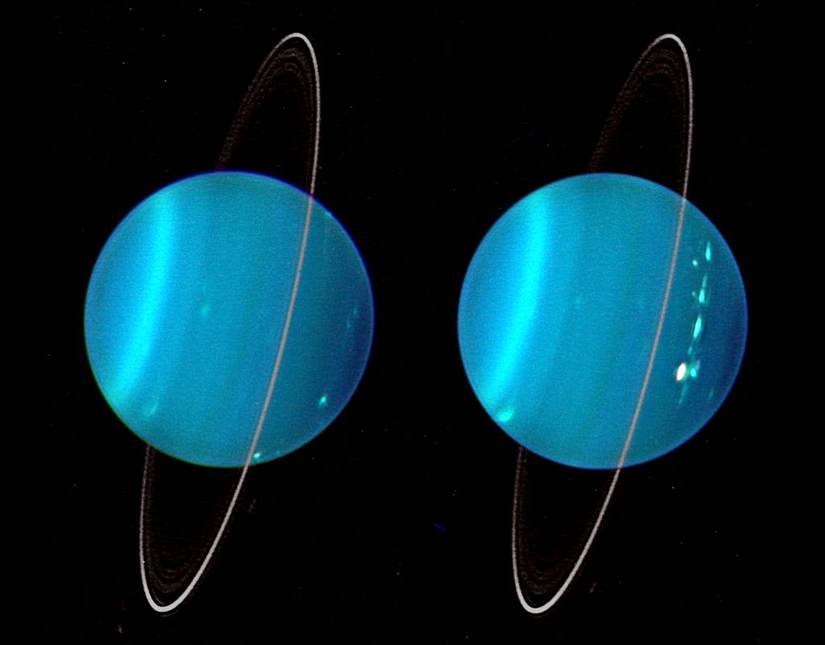 Composite infrared images of two hemispheres of Uranus obtained with the Keck Telescope Adaptive Optics.