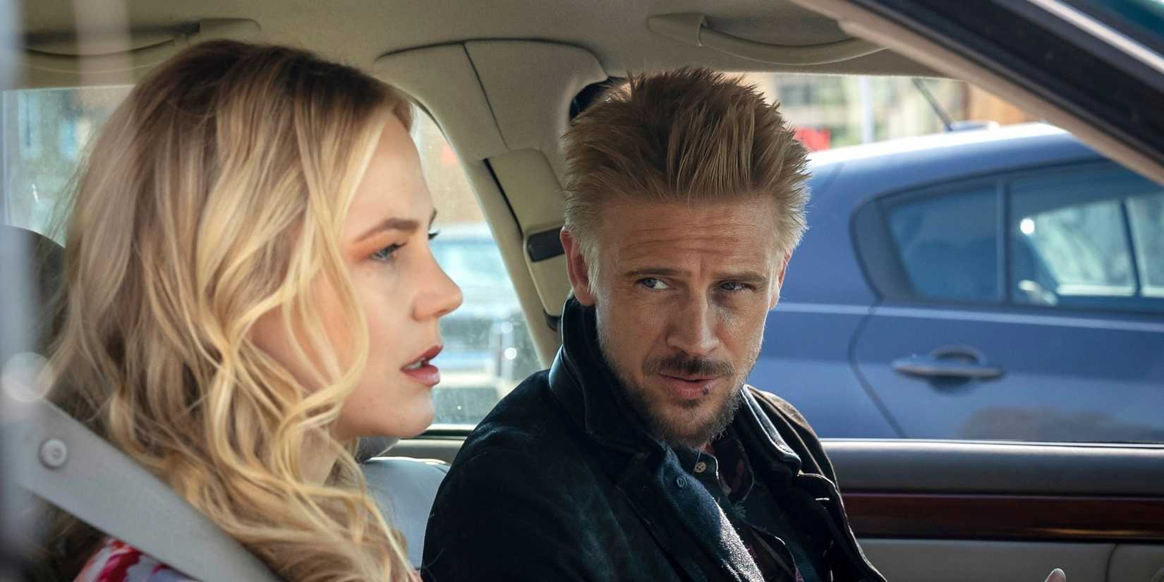 Inside of a vehicle, Boyd Hollbrook stares down Adelaide Clemens, who looks on the verge of tears, in Justified City Primeval