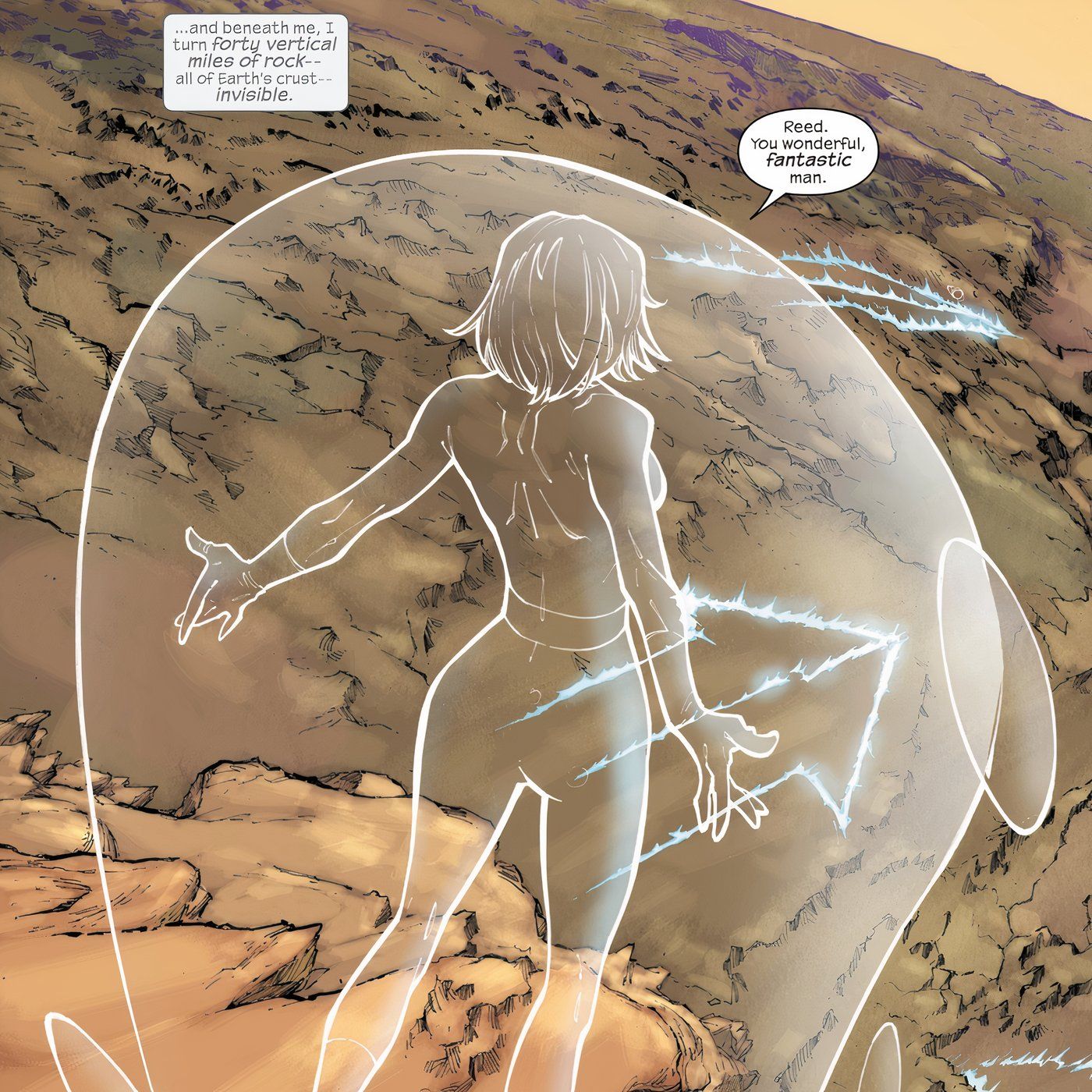 Invisible Woman floating above giant arrows on the earth's surface.