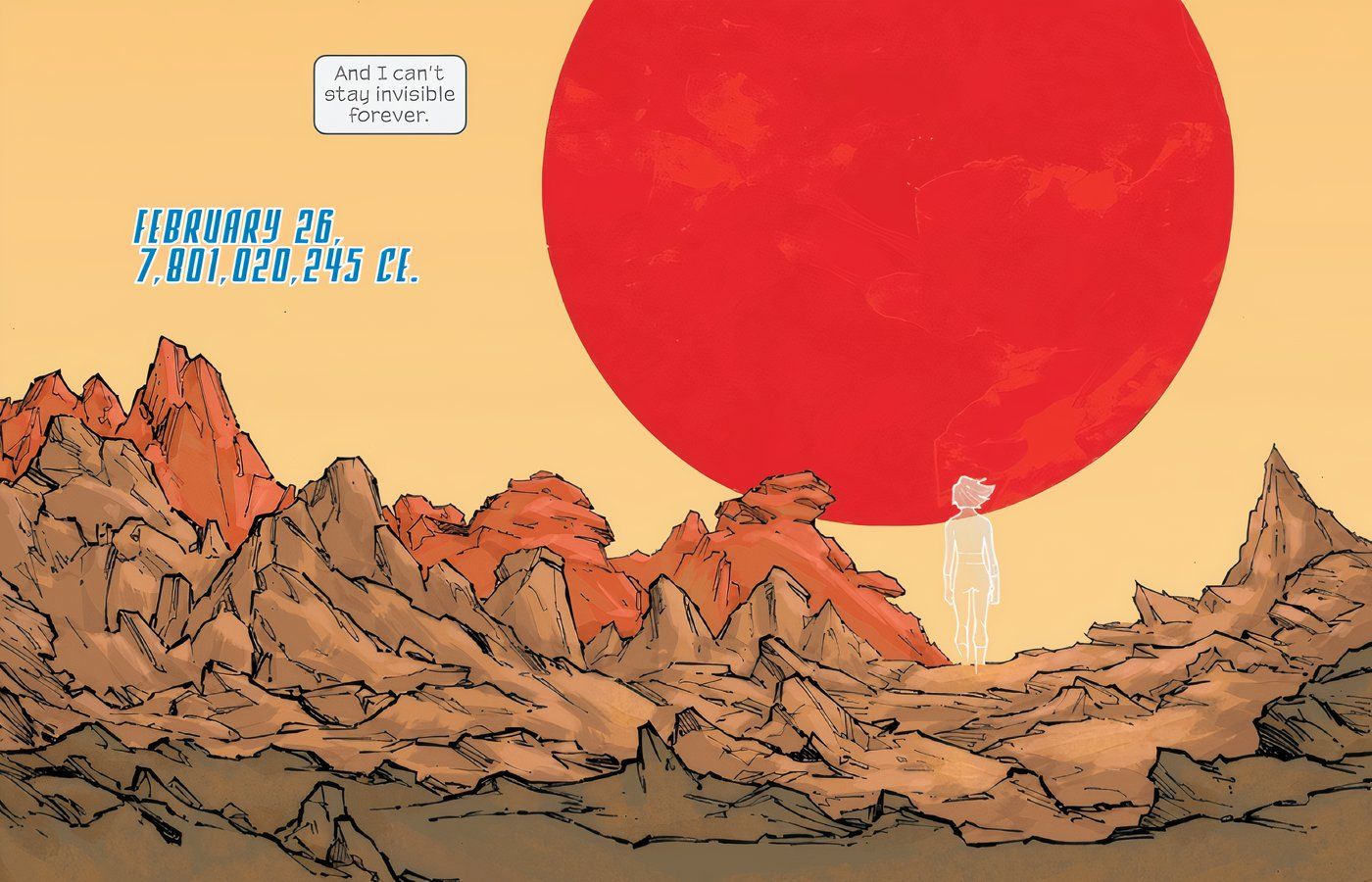 Invisible Woman traversing the wasteland 7 billions years in the future.