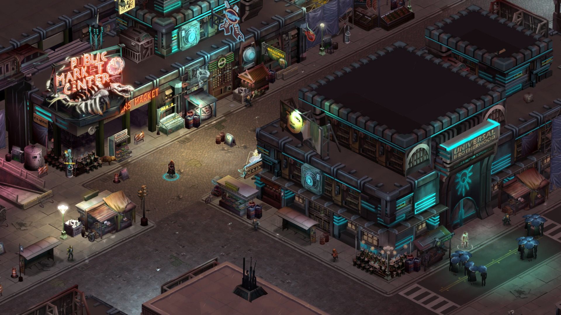 Isometric view of a cyberpunk town in shadowrun returns