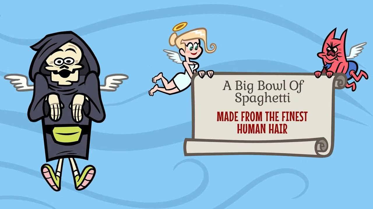 Gioco Doominate con una ciotola di spaghetti fatta di capelli