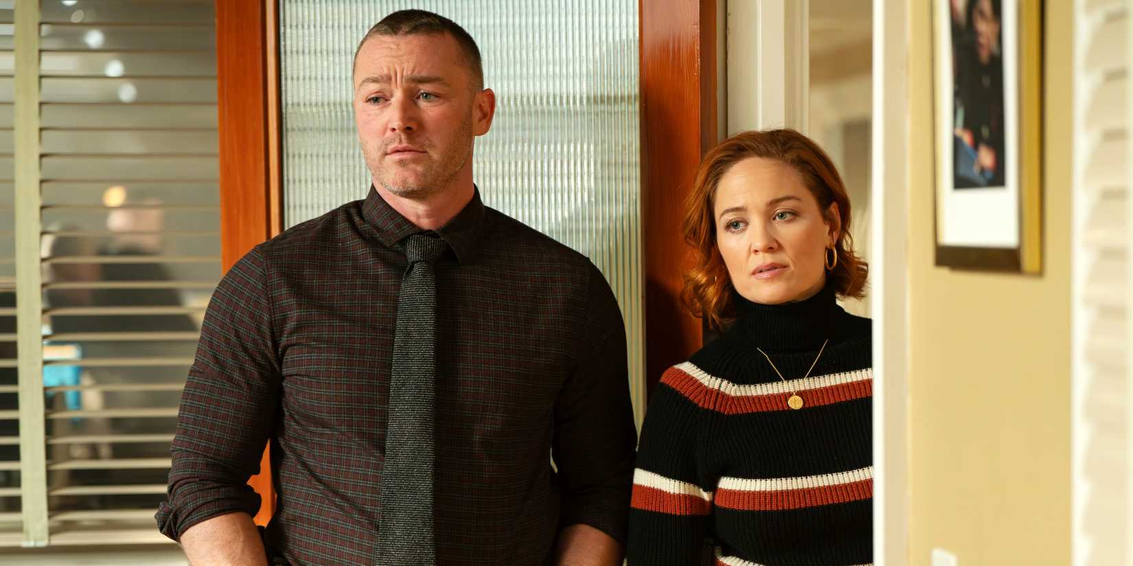 Jake McLaughlin as Michael Ormewood and Erika Christensen as Angie Polaski in Will Trent season 3