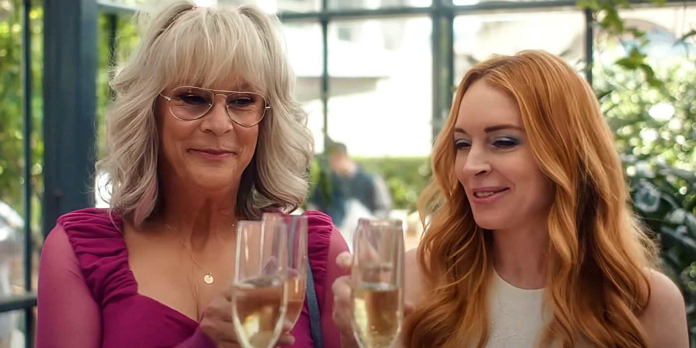 Jamie Lee Curtis and Lindsay Lohan toasting with champagne in Freakier Friday