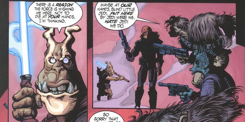 Jedi Master Zao fighting three armed alien thugs.