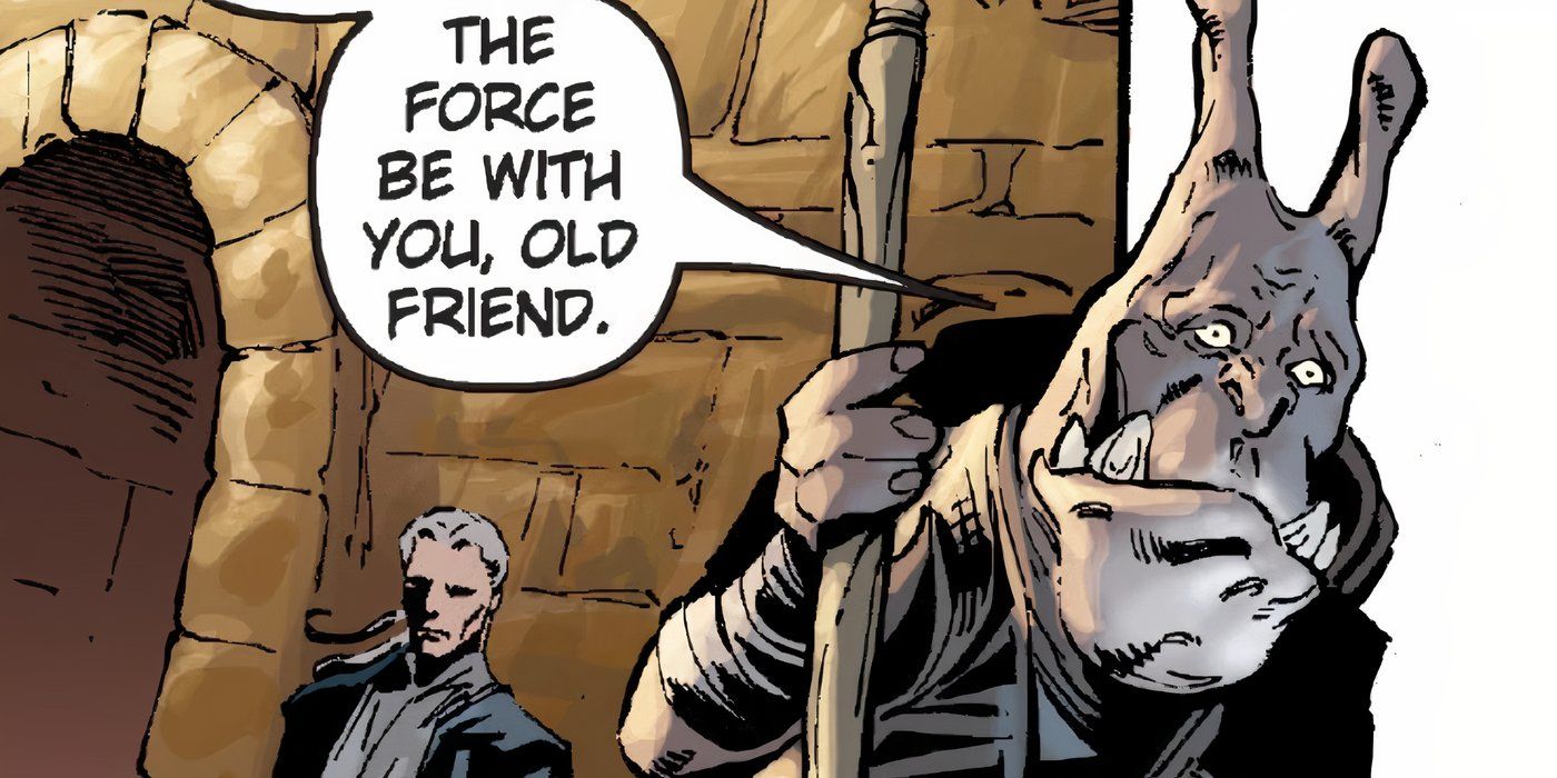 Master Zao walking away from another Jedi in Star Wars.