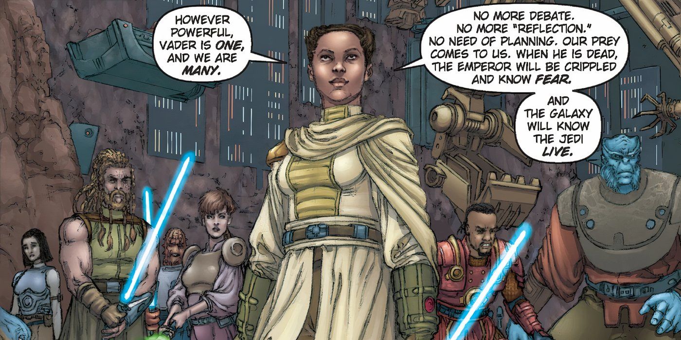 Jedi Master Shadday Potkin standing in front of other Jedi in Star Wars.