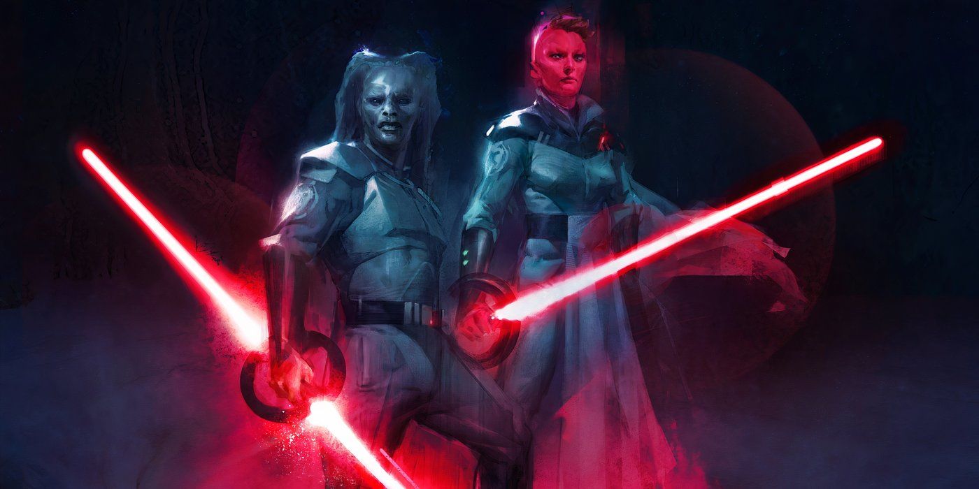 Iskat Akaris and Tualon Yaluna wielding red lightsabers in Star Wars.