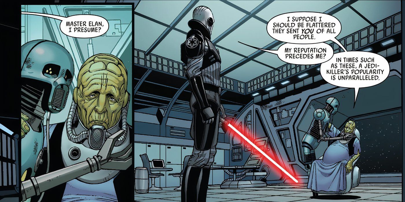 Jedi Master Elan Rast facing the Grand Inquisitor in Star Wars.