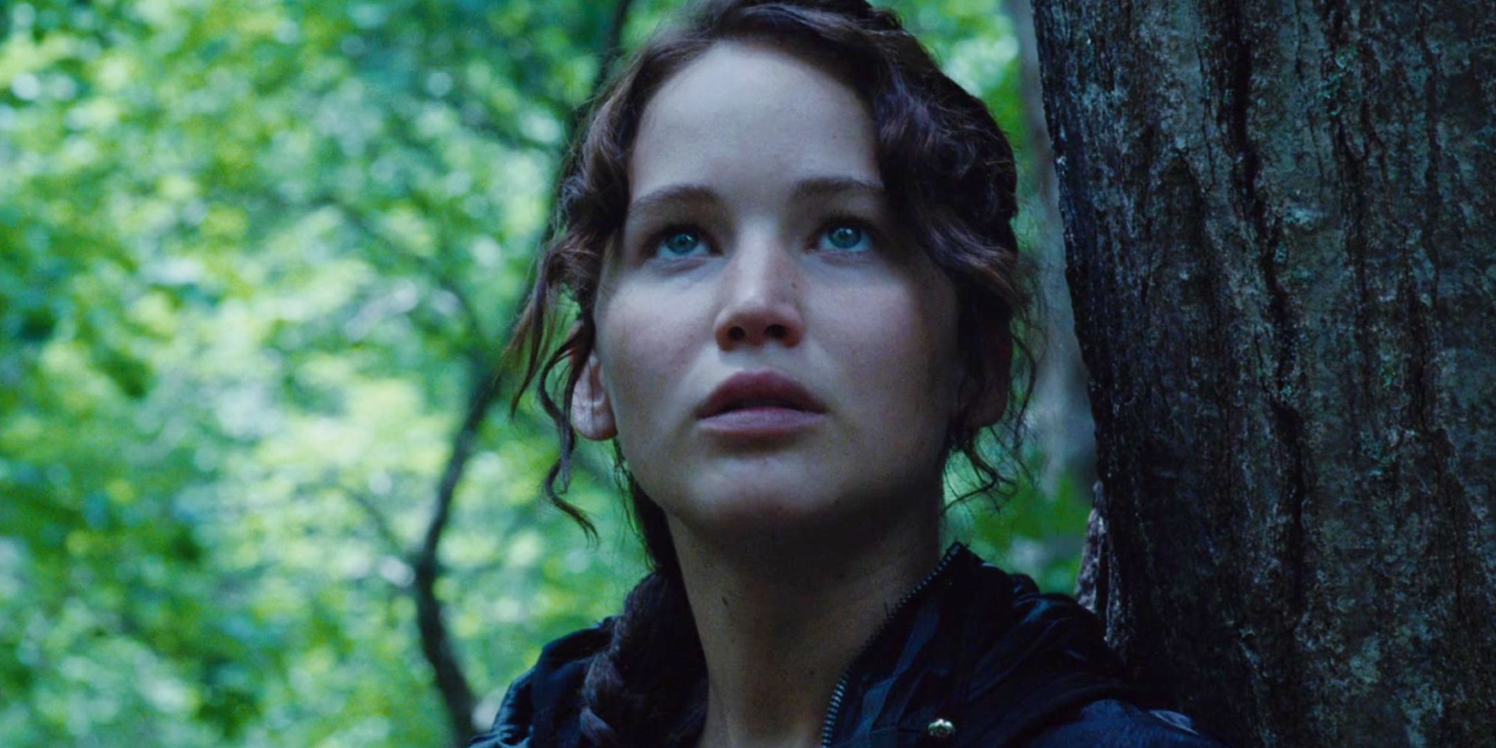 Jennifer Lawrence looking serious as Katniss Everdeen in The Hunger Games