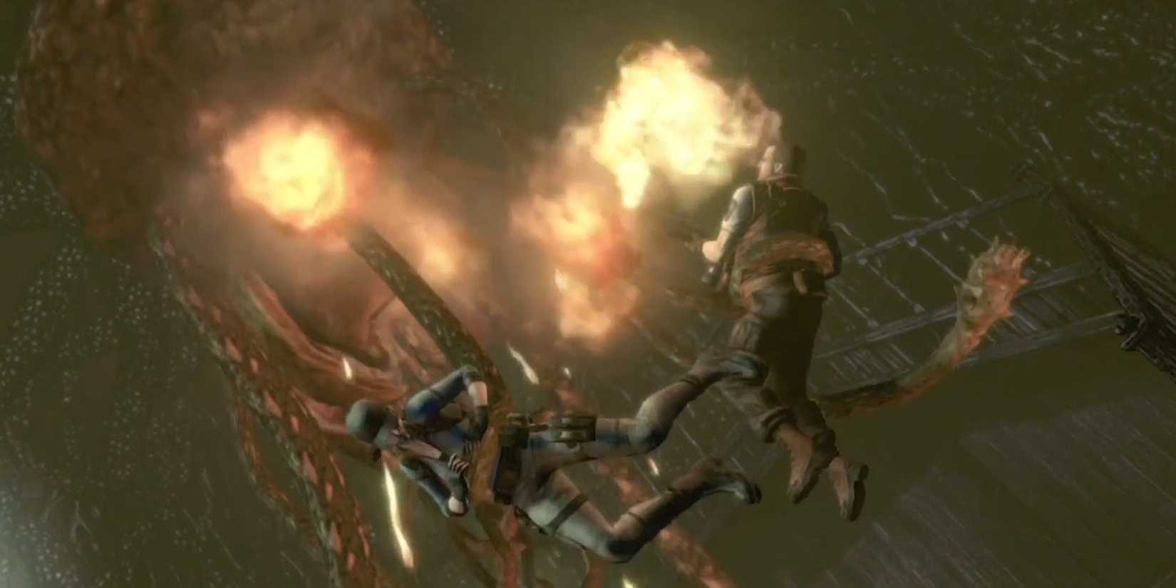 Jill and Barry fighting off Plant 42 in Resident Evil 1 Remake.