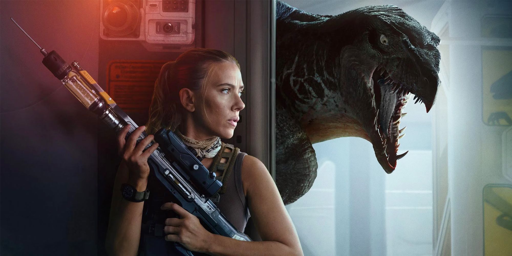 Scarlett Johansson hiding behind a wall as a Mutadon approaches in Jurᴀssic World Rebirth.