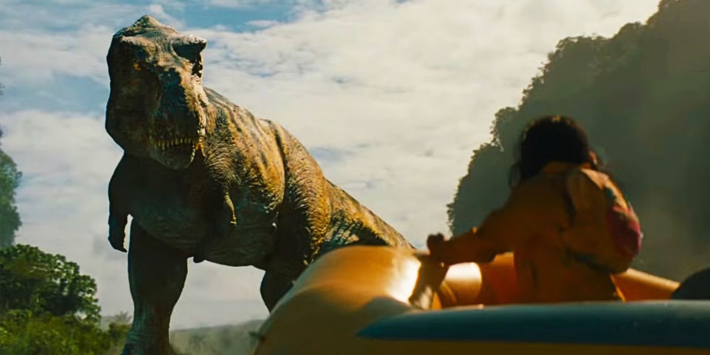 Un T-Rex che osserva Isabella sulla zattera