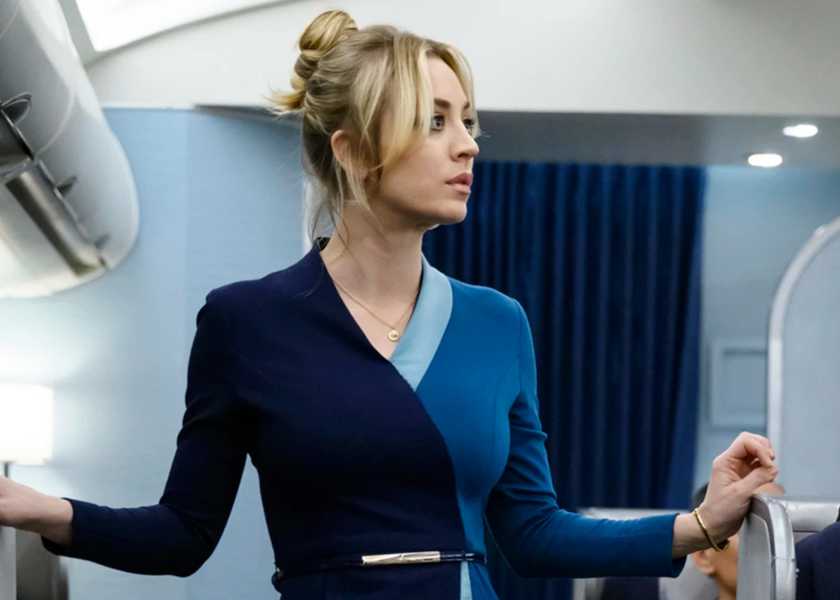 Kaley Cuoco looking surprised on an airplane in The Flight Attendant