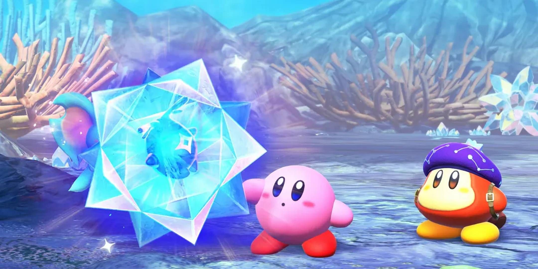 Kirby standing by a giant crystal in Star-Crossed World.