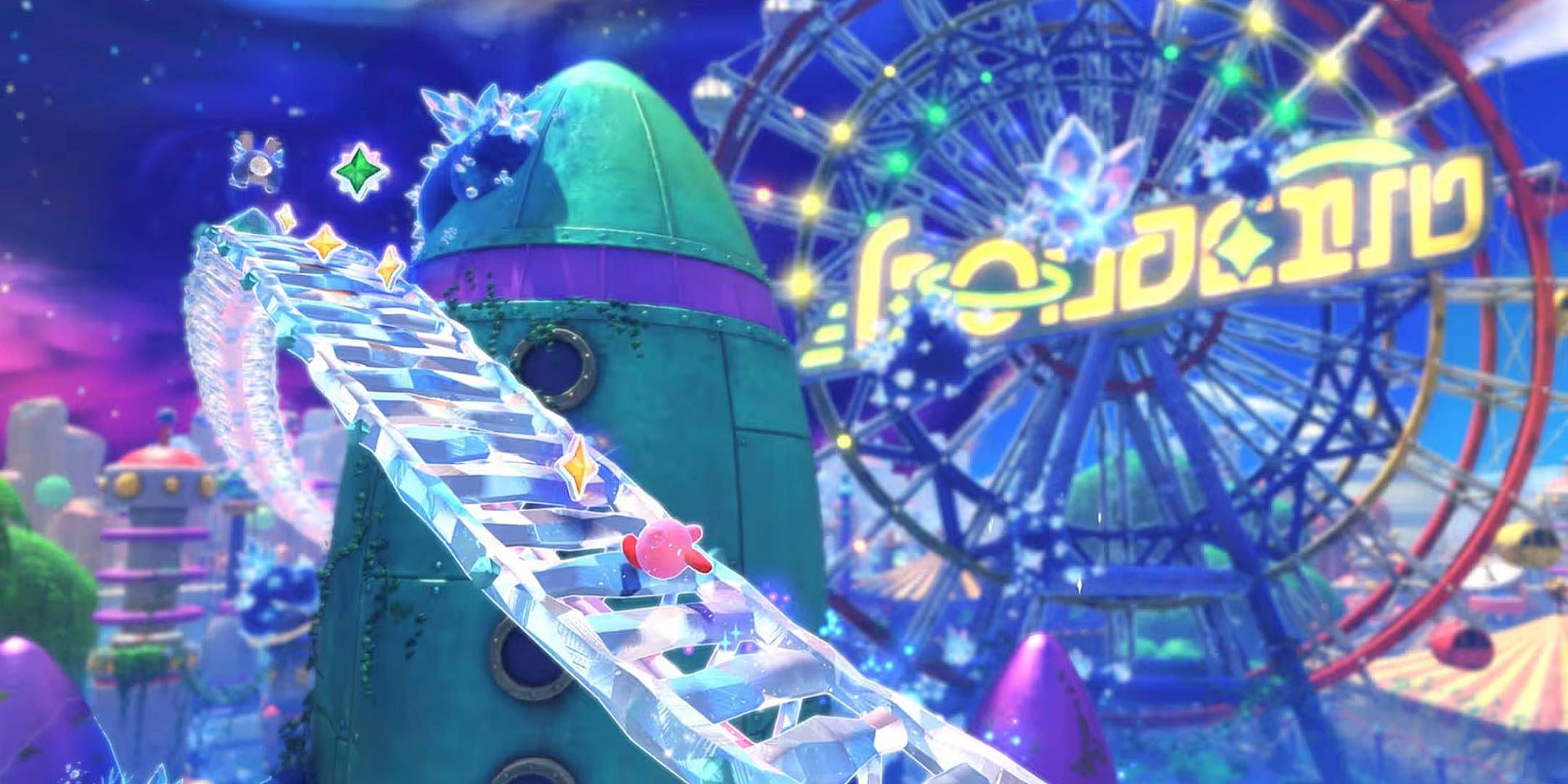 Kirby running up a glass bridge around a rocket in Kirby and the Forgotten Land.