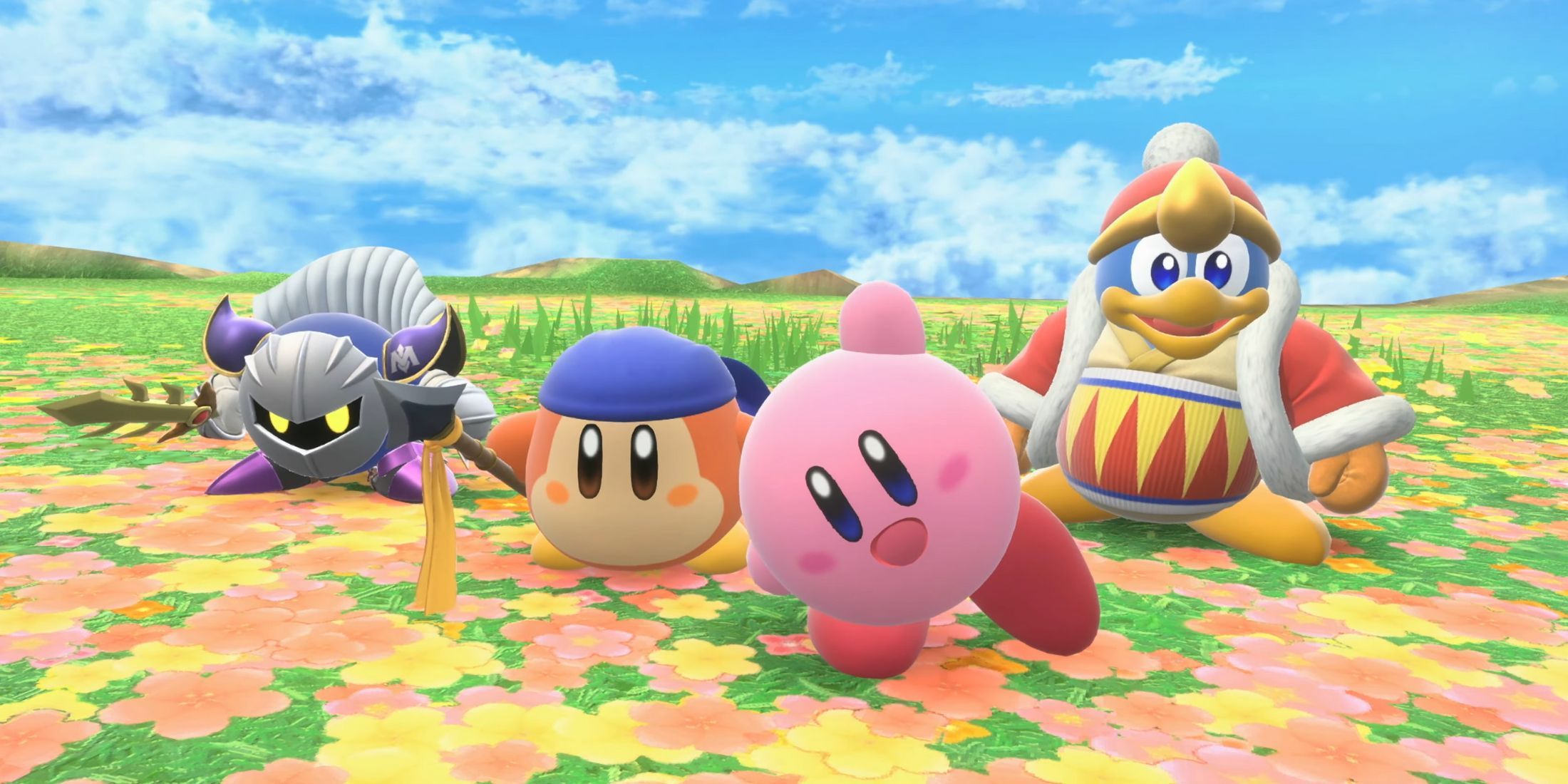 Kirby che saluta accanto a Waddle Dee, King Dedede e Meta Knight in Kirby Air Riders.