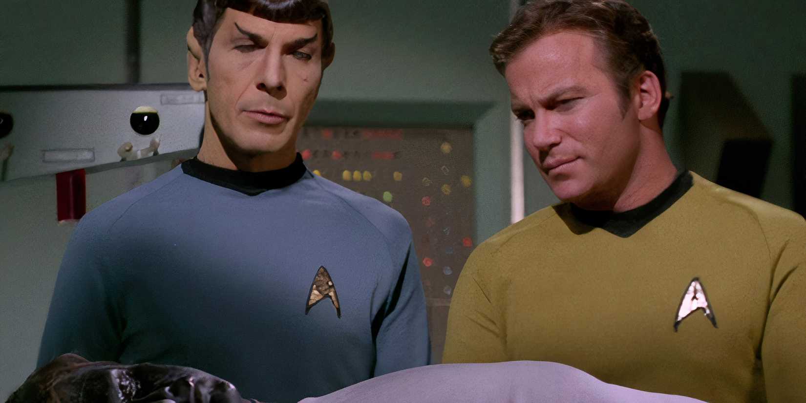 Kirk and Spock inspecting a body in Star Trek The Original Series